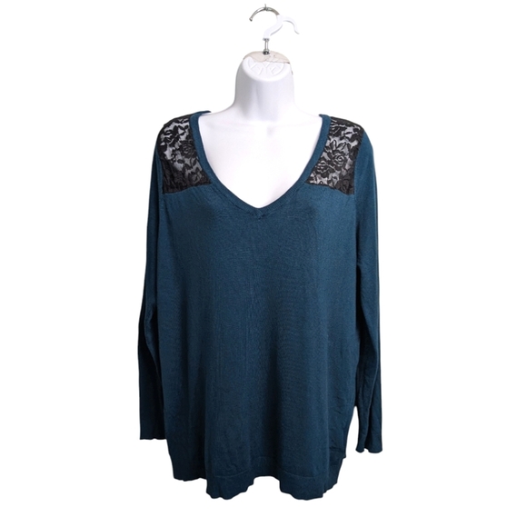 Torrid Dark Teal Black Lace Inset Sweater V-Neck Pullover Long Sleeve Fitted 2X - Picture 1 of 11